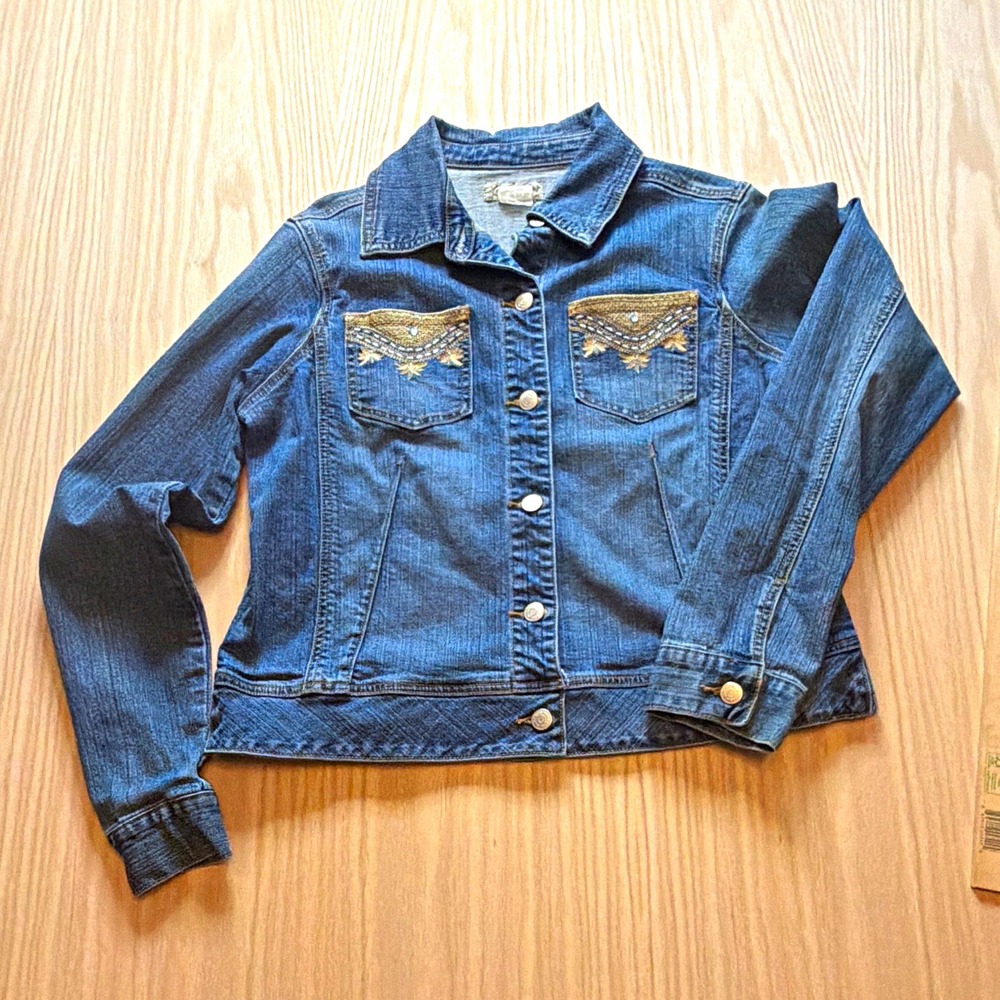 ZENA Women’s XL Blue Denim Jacket Button-Front Collared Pockets Embroidered